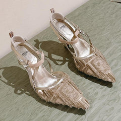 FENDI COLIBRÌ HIGH-HEELED SLINGBACKS 75MM IN LIGHT GOLD FABRIC