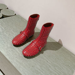 ALAIA SHORT BOOTS IN CHERRY RED LAMBSKIN ATTACH RHINSTONES
