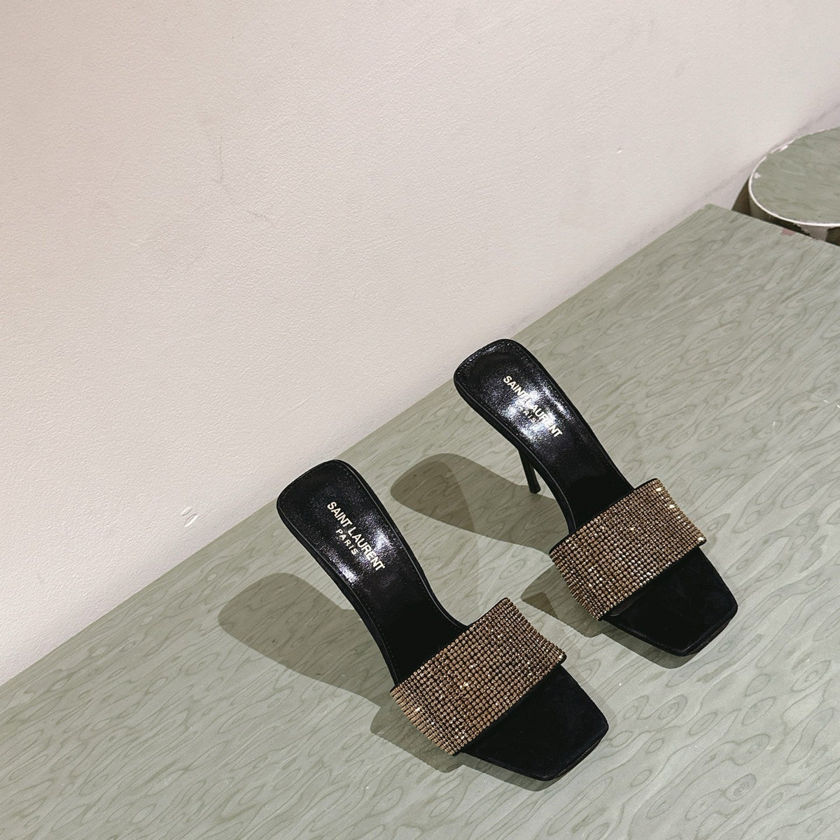 YSL 25S HEELED SANDALS 100 MM IN BLACK LAMBSKIN WITH GOLD RHINESTONE-EMBELLISHED STRAP