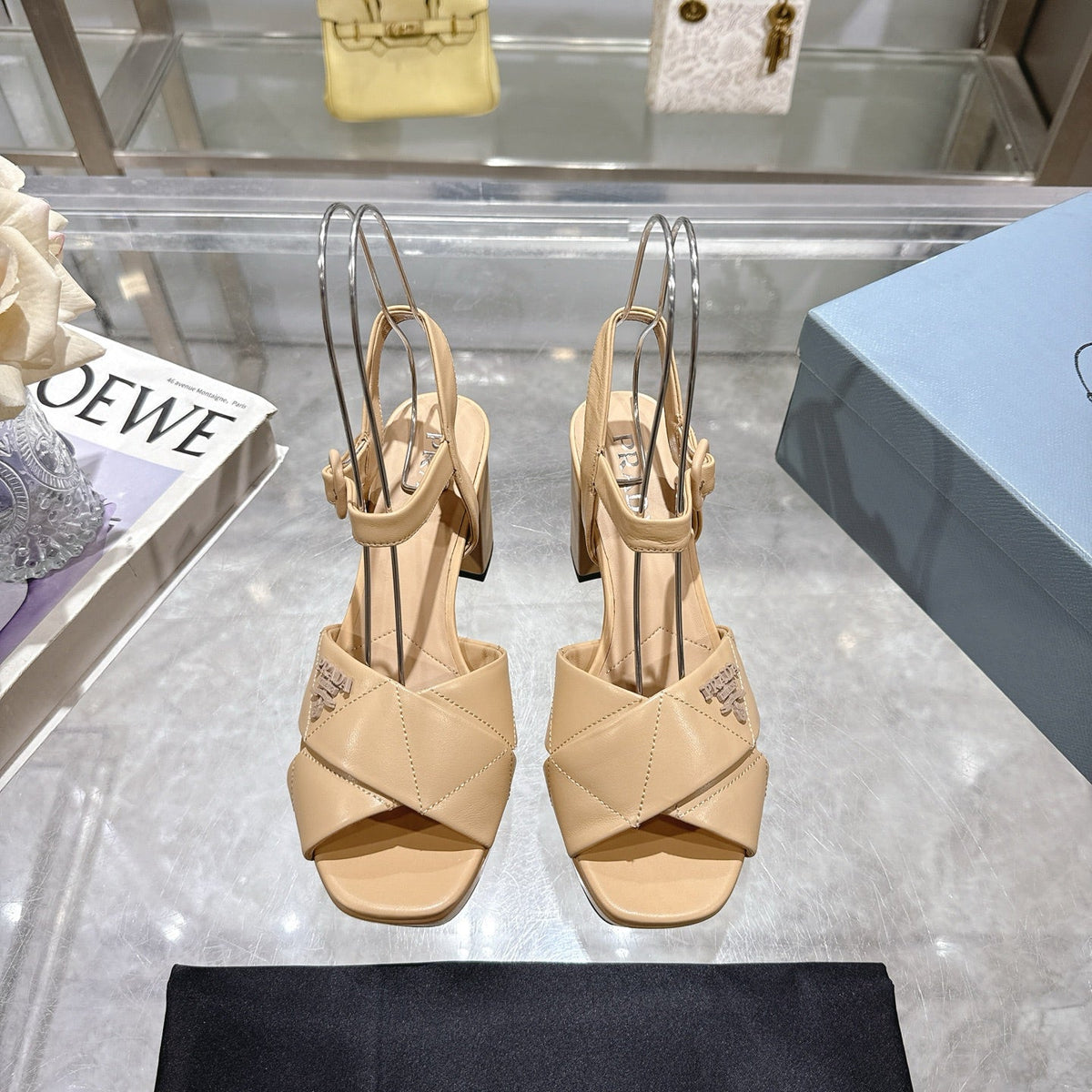 PRADA 25S HIGH-HEEL SANDALS 85 MM IN LIGHT WARM BEIGE LAMBSKIN