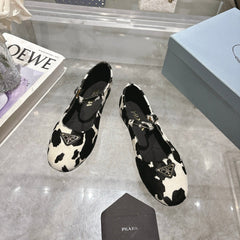 PRADA 25S MARY JANE BALLETS IN BLACK MIX CREAM WHITE HORSEHAIR FABRIC