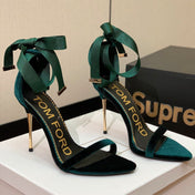 ANKLE SANDAL 10 CM IN GREEN FOREST VELVET AND SILK