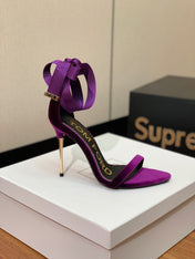 ANKLE SANDAL 10 CM IN PLUM PURPLE VELVET AND SILK