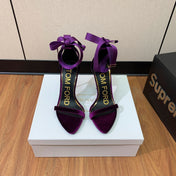 ANKLE SANDAL 10 CM IN PLUM PURPLE VELVET AND SILK