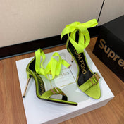 ANKLE SANDAL 10 CM IN PEAR GREEN SILK AND SHEEPSKIN