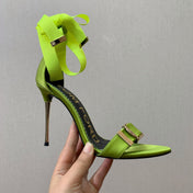 ANKLE SANDAL 10 CM IN PEAR GREEN SILK AND SHEEPSKIN