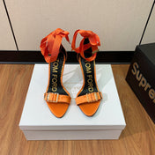 ANKLE SANDAL 10 CM IN SPANISH ORANGE SILK AND SHEEPSKIN