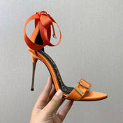 ANKLE SANDAL 10 CM IN SPANISH ORANGE SILK AND SHEEPSKIN