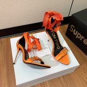 ANKLE SANDAL 10 CM IN SPANISH ORANGE SILK AND SHEEPSKIN