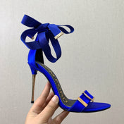 ANKLE SANDAL 10 CM IN COBALT BLUE SILK AND SHEEPSKIN