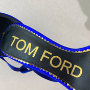 ANKLE SANDAL 10 CM IN COBALT BLUE SILK AND SHEEPSKIN