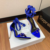ANKLE SANDAL 10 CM IN COBALT BLUE SILK AND SHEEPSKIN