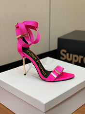 ANKLE SANDAL 10 CM IN BRIGHT PINK SILK AND SHEEPSKIN