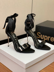 ANKLE SANDAL 10 CM IN BLACK SILK AND SHEEPSKIN