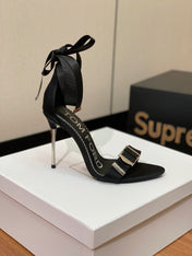 ANKLE SANDAL 10 CM IN BLACK SILK AND SHEEPSKIN