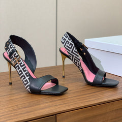 BALMAIN 25S JACQUARD KNIT SLINGBACK PUMPS 95MM IN BLACK AND PINK CALFSKIN