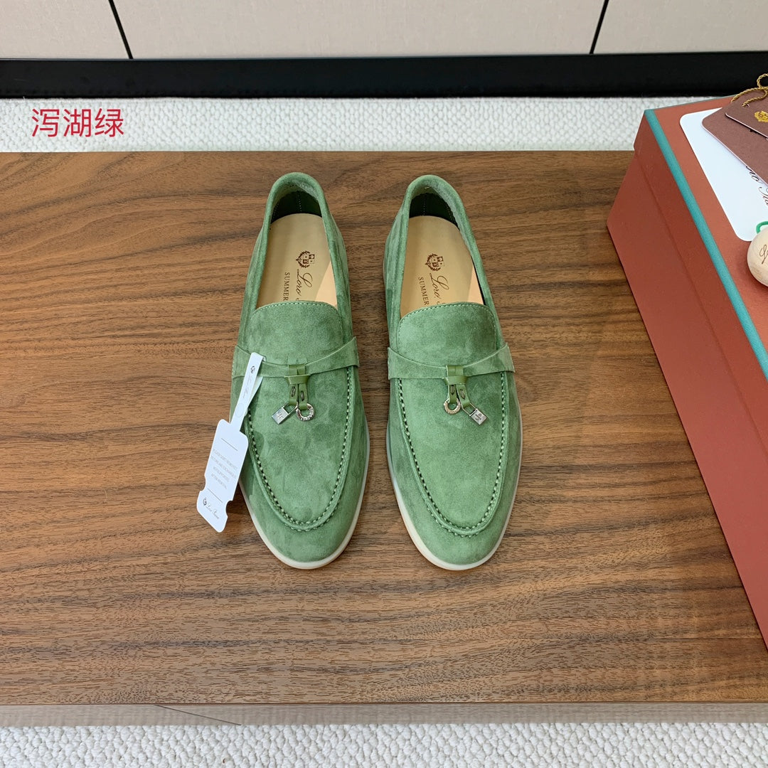 LP LOAFERS 25S IN LIGHT GREEN CASHMERE WITH SILVER HARDWARE