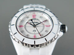 J12 Quartz White Ceramic Pink Diamond Numerals White Dial