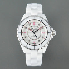 J12 Automatic White Ceramic Pink Diamond Numerals White Dial