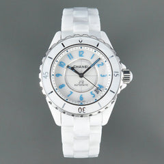 J12 Date Automatic White Ceramic Blue Numerals White Dial