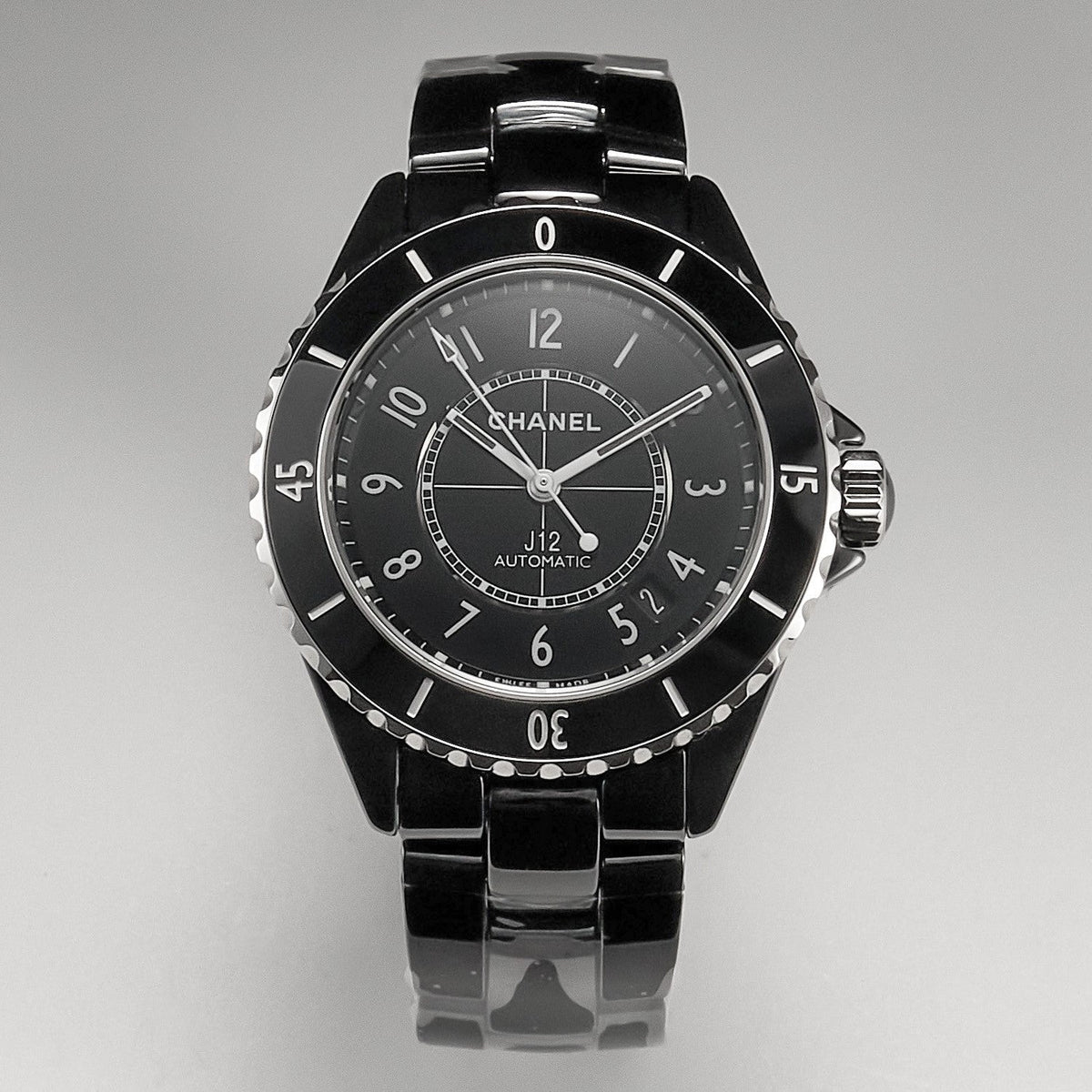 J12 Date Automatic Black Ceramic White Numerals Black Dial Black Steel Hands
