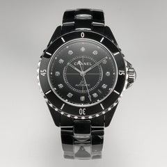 J12 Date Automatic Black Ceramic Diamond Numerals Black Dial Black Steel Hands