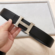 HM BELT BUCKLE & REVERSIBLE BLACK LEATHER STRAP 38 MM SILVER HARDWARE
