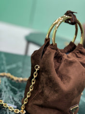 MINI BUCKET BAG 19 IN CHOCOLATE SOFT SUEDE GOLD HARDWARE