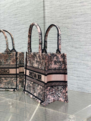 DIOR 25S LUCKY SMALL DIOR BOOK TOTE 26 IN PINK MULTICOLOR DIOR FLOWERS CALENDAR ALLOVER EMBROIDERY