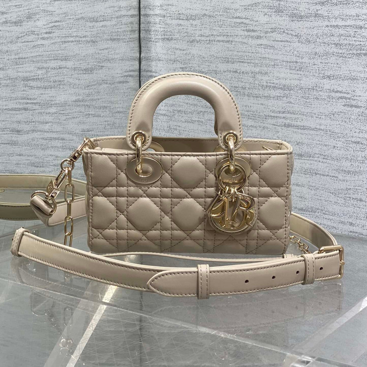 DIOR 25S MICRO LADY D-JOY 19 IN POWDER BEIGE CALFSKIN GOLD HARDWARE