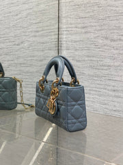 DIOR 25S SMALL LADY D‑JOY BAG 19 IN STEEL BLUE GRAY CANNAGE CALFSKIN GOLD HARDWRE