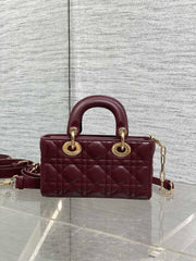 DIOR 25S SMALL LADY D‑JOY BAG 19 IN BURGUNDY CANNAGE CALFSKIN GOLD HARDWARE