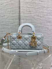 DIOR 25S SMALL LADY D‑JOY BAG 22 IN SHIRT BLUE CALFSKIN GOLD HARDWARE