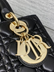 DIOR 25S MEDIUM LADY BAG 24 IN BLACK CALFSKIN GOLD HARDWARE