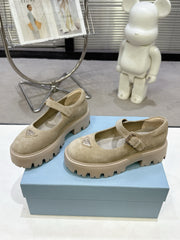 PRADA 25S PLATFORM MARY JANE SHOES IN BEIGE SUEDE STYLE 4