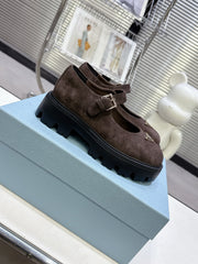 PRADA 25S PLATFORM MARY JANE SHOES IN DARK BROWN SUEDE STYLE 3