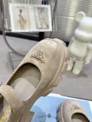 PRADA 25S PLATFORM MARY JANE SHOES IN BEIGE SUEDE