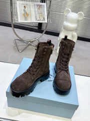 PRADA 25S WARRIOR BOOTS IN DARK BROWN SUEDE
