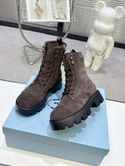 PRADA 25S WARRIOR BOOTS IN DARK BROWN SUEDE
