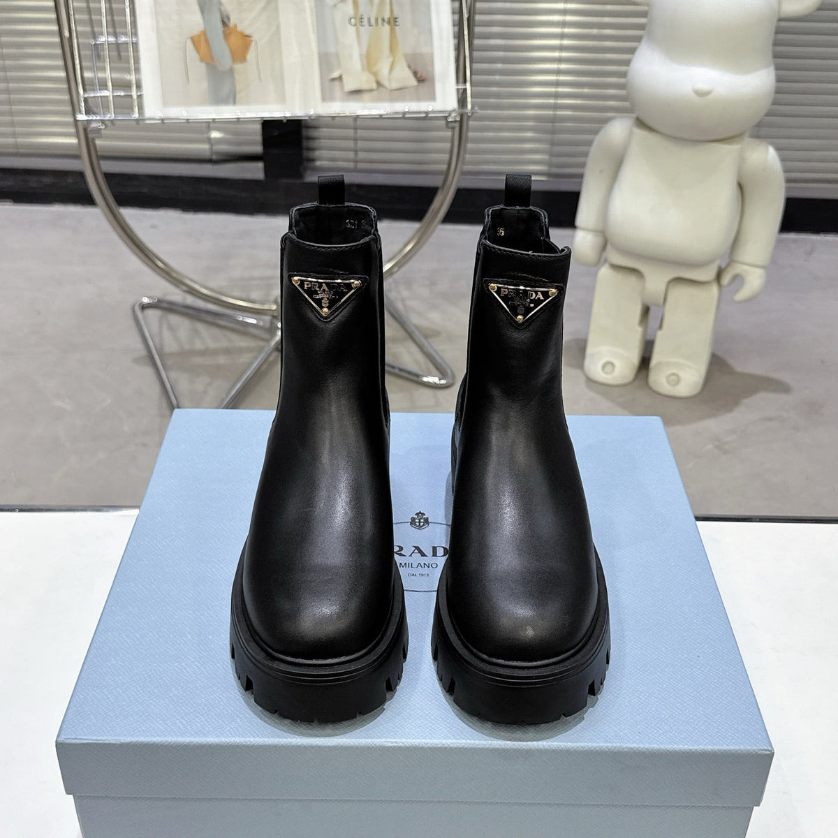 PRADA 25S RETRO PLATFORM MARTIN ANKLE BOOTS IN BLACK CALFSKIN