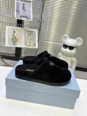 PRADA 25S FUR-LINED SABOT MULES IN BLACK SUEDE
