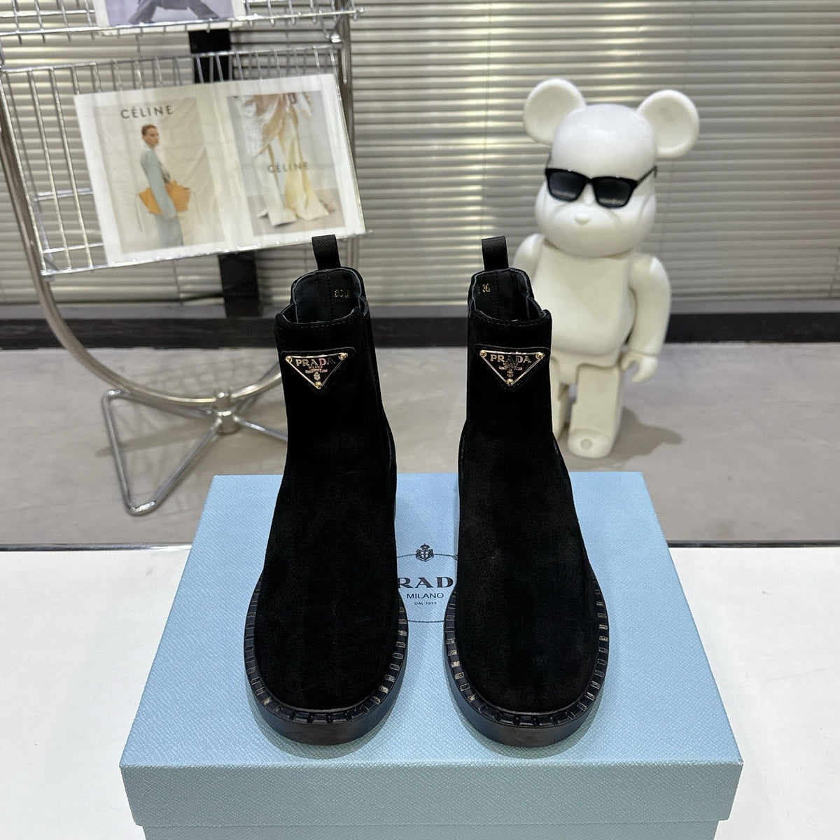 PRADA 25S RETRO PLATFORM MARTIN BOOTS IN BLACK SUEDE