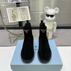 PRADA 25S RETRO PLATFORM MARTIN BOOTS IN BLACK SUEDE