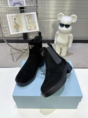 PRADA 25S RETRO PLATFORM MARTIN BOOTS IN BLACK SUEDE
