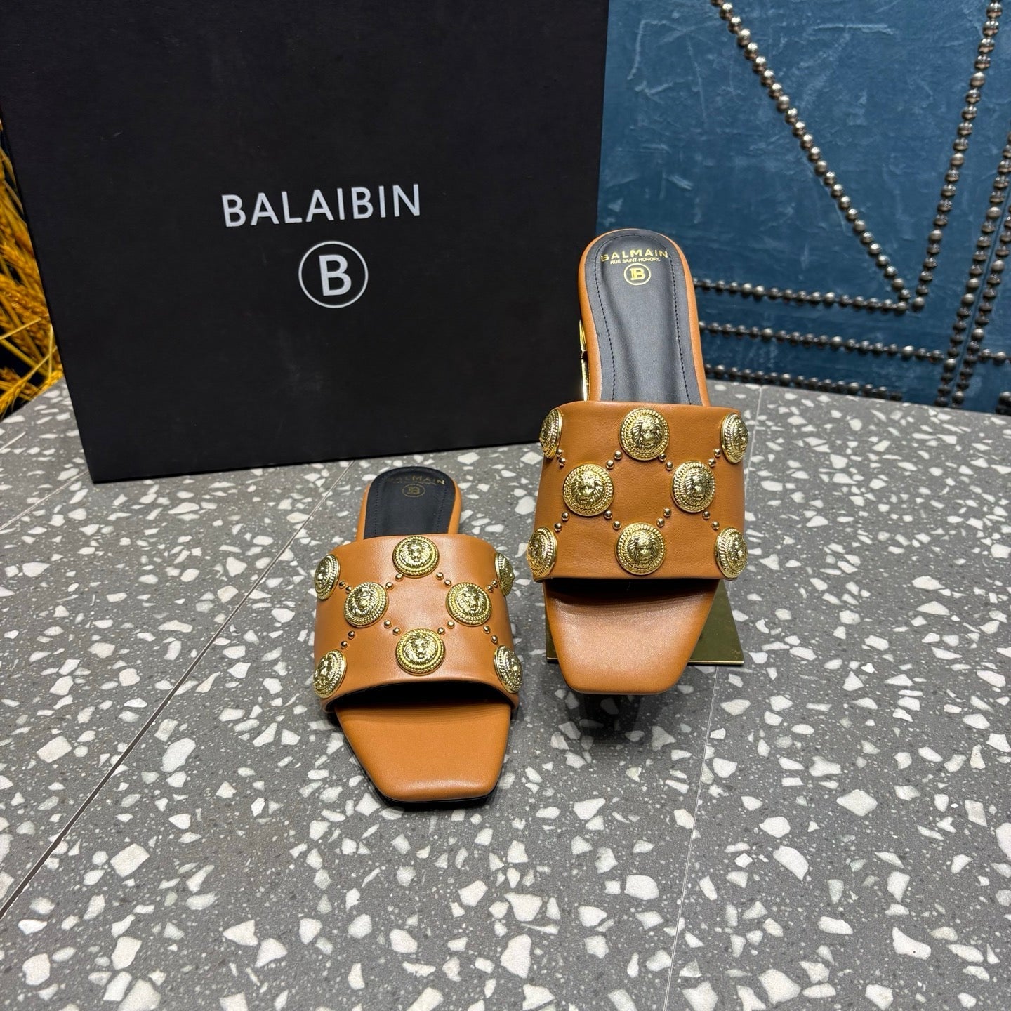 BALMAIN 26S SLIPPERS IN BROWN CALFSKIN WITH GOLD HARDWARE