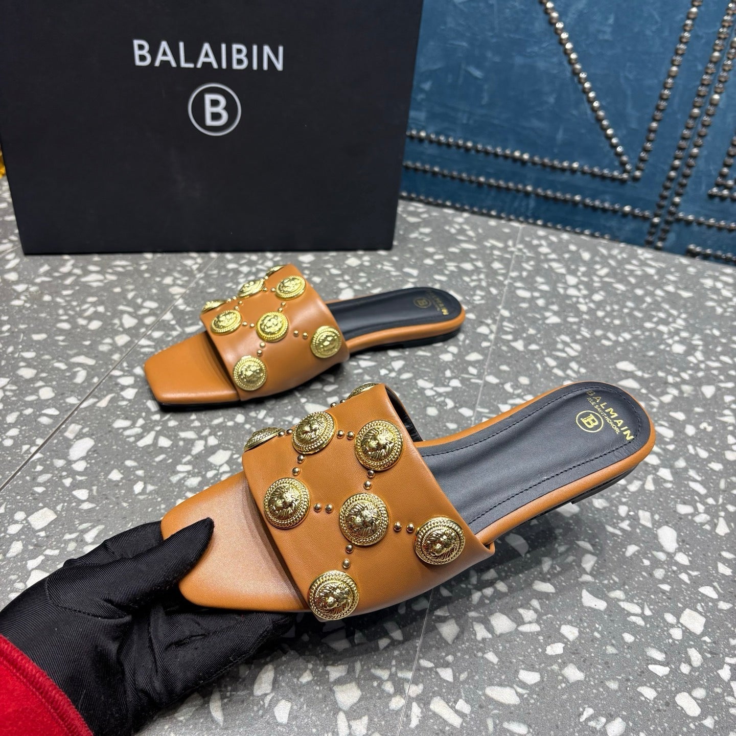 BALMAIN 26S SLIPPERS IN BROWN CALFSKIN WITH GOLD HARDWARE