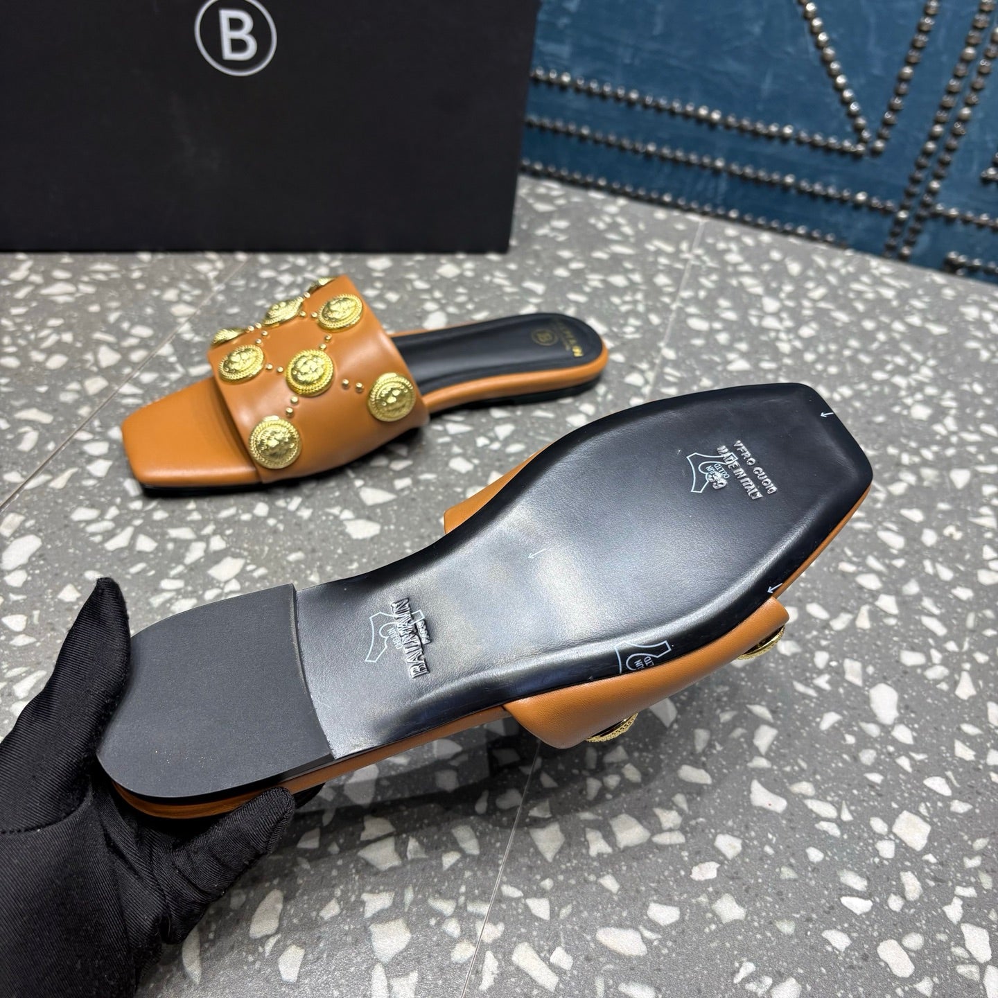BALMAIN 26S SLIPPERS IN BROWN CALFSKIN WITH GOLD HARDWARE