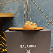 BALMAIN 26S SLIPPERS IN BROWN CALFSKIN WITH GOLD HARDWARE