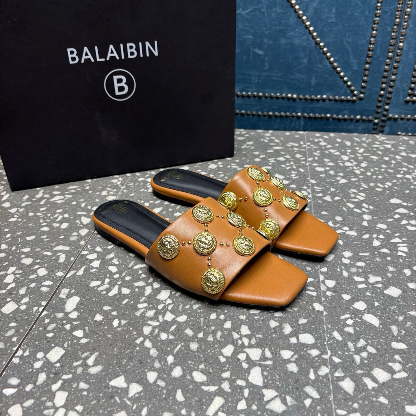 BALMAIN 26S SLIPPERS IN BROWN CALFSKIN WITH GOLD HARDWARE