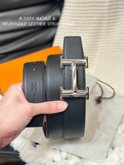 HM 5382 BELT SILVER BUCKLE & REVERSIBLE BLACK LEATHER STRAP 38MM